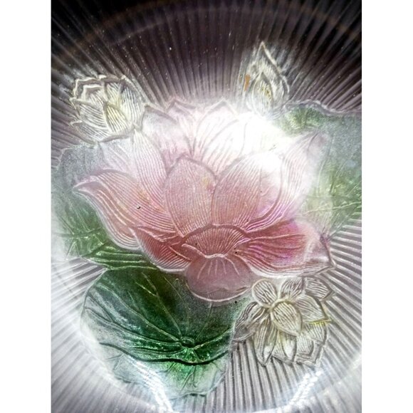 Kig Malaysia Pressed Glass Large Bowl Embossed Pink Flower Salad Fruit Vintage - Picture 5 of 15